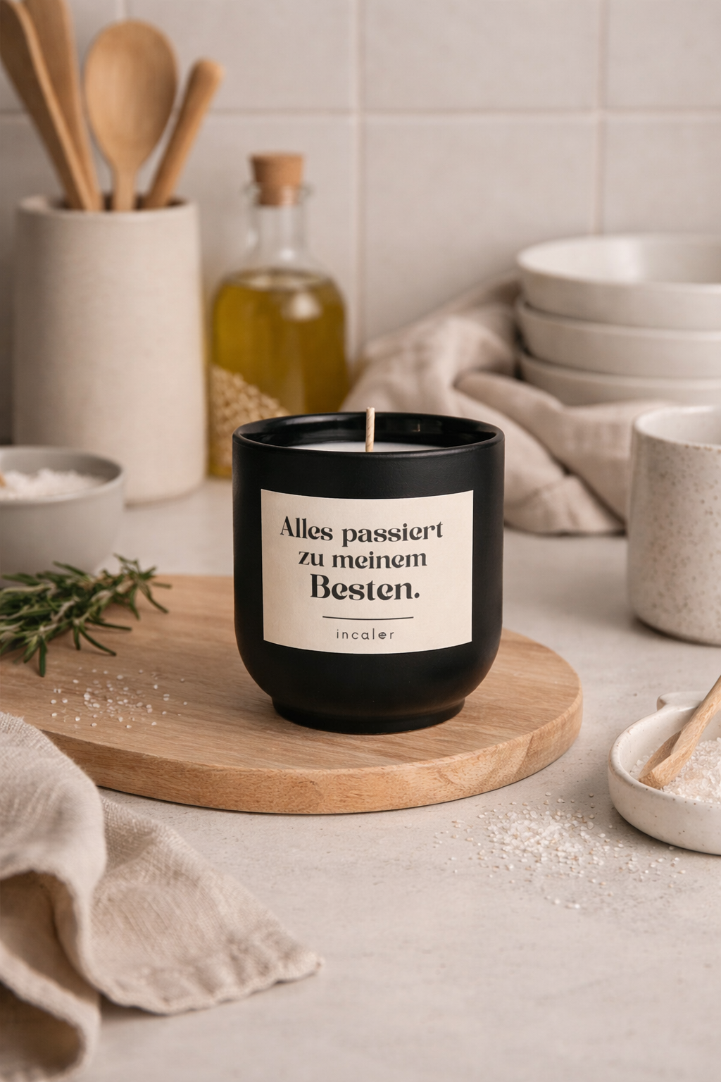 Schwarze (baslat) Kerzen-Tasse mit der Aufschrift ‚Alles passiert zu meinem Besten‘ steht auf einem runden Holzbrett in einer Küche. Umgeben von Kräutern, Salz, Holzutensilien und Geschirr entsteht eine warme, natürliche Koch- und Wohlfühlatmosphäre.