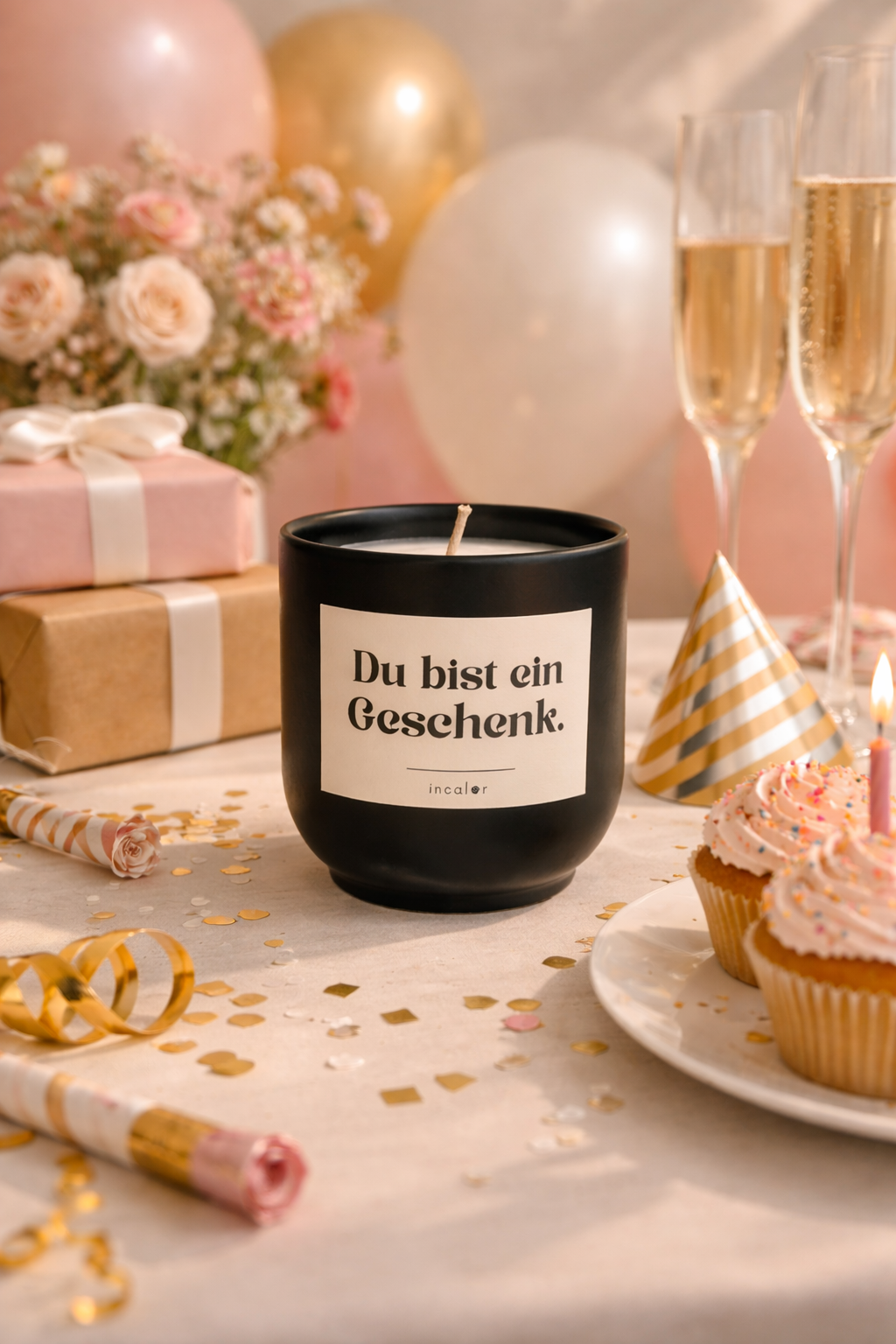 Schwarze (basalt) Duftkerze mit der Aufschrift ‚Du bist ein Geschenk‘ steht auf einem festlich dekorierten Tisch. Umgeben von Geschenkboxen, Blumen, Luftballons, Konfetti, Cupcakes und Sektgläsern entsteht eine warme, fröhliche Geburtstagsatmosphäre.