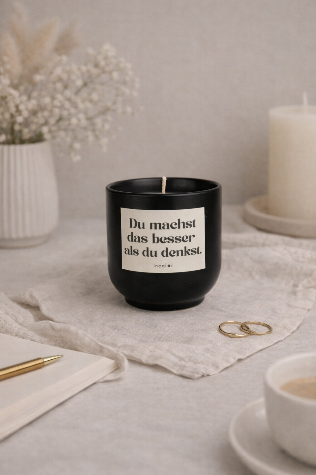 Schwarze (basalt) Kerze mit der Aufschrift ‚Du machst das besser als du denkst.‘ steht auf einem hellen Stofftuch. Daneben liegen zwei goldene Ringe, ein Notizbuch mit Stift, eine Tasse Kaffee sowie eine Vase mit zarten Trockenblumen, wodurch eine ruhige und gemütliche Atmosphäre entsteht..