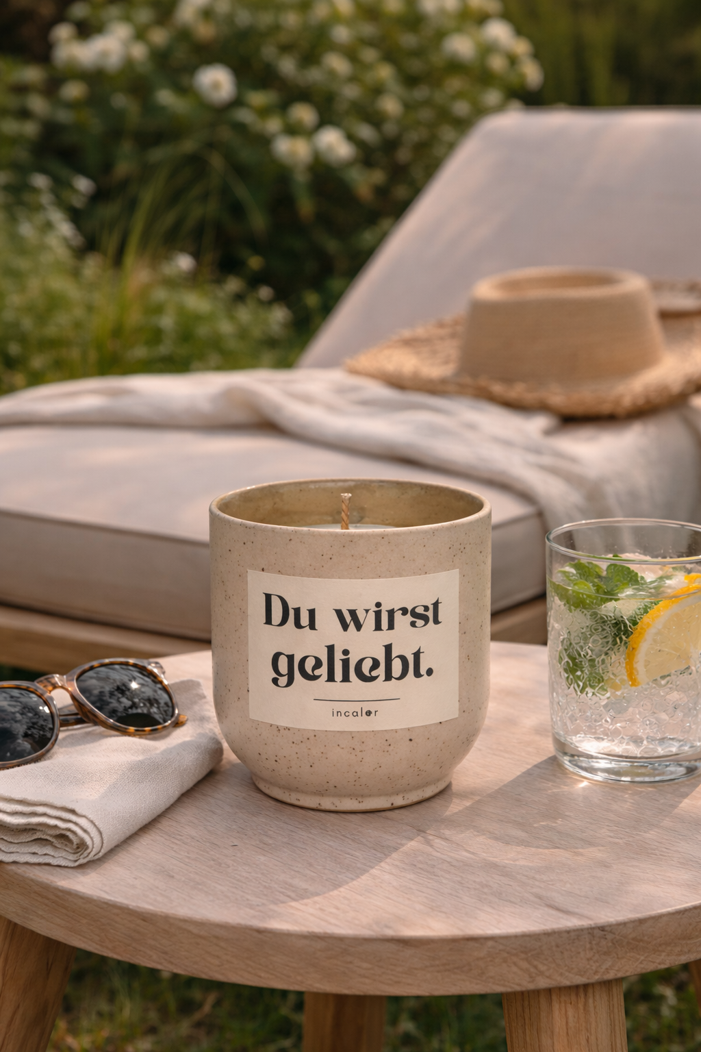Beige (sahara) Kerze mit der Aufschrift ‚Du wirst geliebt.‘ steht auf einem kleinen Holztisch im Garten. Daneben liegen eine Sonnenbrille und ein Tuch sowie ein Glas mit Wasser, Zitrone und Minze. Im Hintergrund befindet sich eine Liege mit Strohhut – die Szene wirkt warm, sommerlich und entspannt.