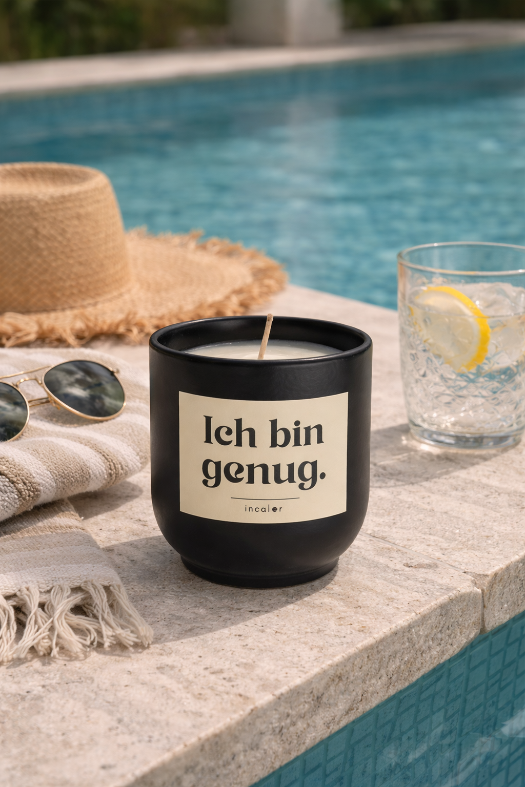 Schwarze (basalt) Kerze mit der Aufschrift ‚Ich bin genug.‘ steht am Rand eines Pools. Daneben liegen eine Sonnenbrille, ein Strohhut und ein Handtuch, sowie ein Glas mit Wasser und Zitrone – die Szene wirkt sommerlich und entspannt.