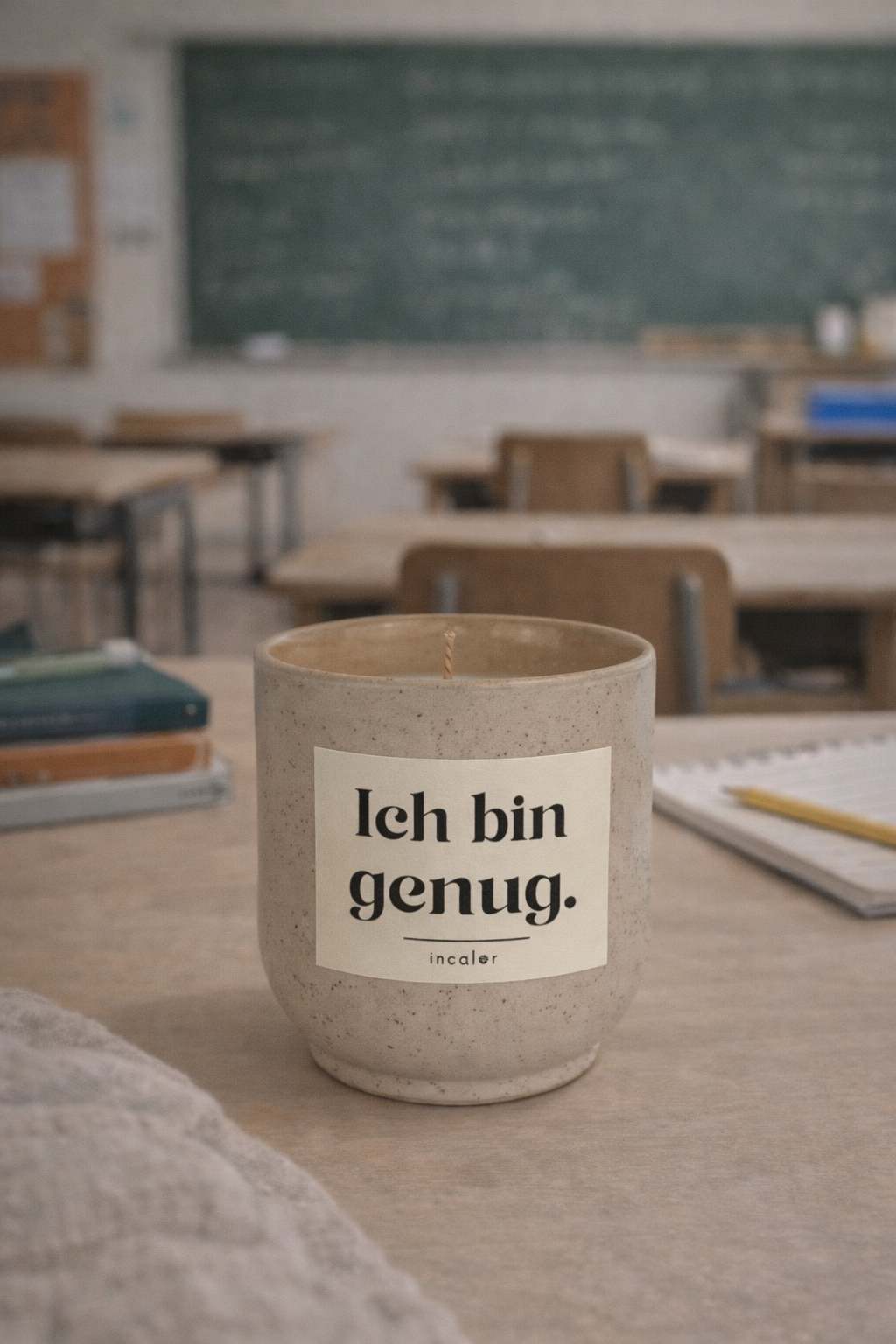 Beige (sahara) Kerze mit der Aufschrift ‚Ich bin genug.‘ steht auf einem Schultisch. Im Hintergrund ist ein Klassenzimmer mit Tafel, Büchern und Notizheften zu sehen – die Szene wirkt ruhig und motivierend.