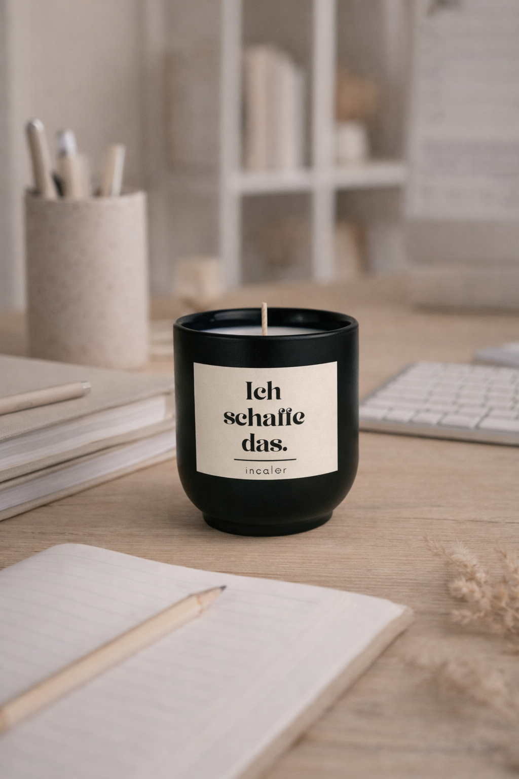 Dunkelgrüne (deep ivy) Duftkerze mit der Aufschrift ‚Ich schaffe das‘ steht auf einem Schreibtisch. Umgeben von Notizbüchern, Stift, Tastatur und Stiftehalter entsteht eine ruhige, aufgeräumte und motivierende Arbeitsatmosphäre.