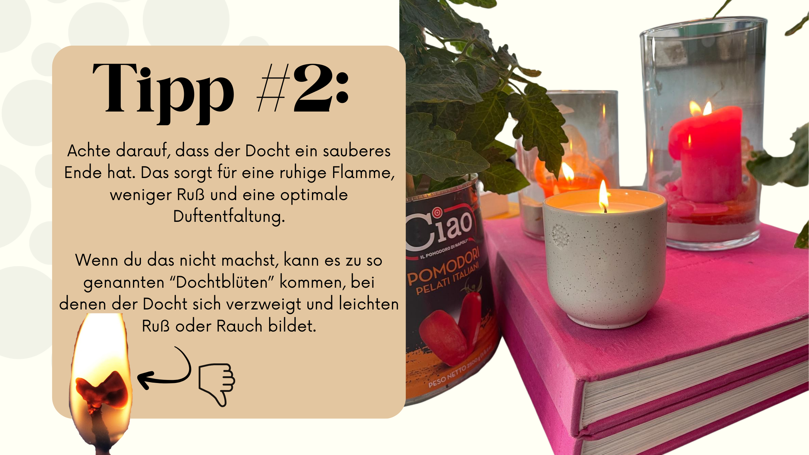 Grafik mit Kerzenpflegetipp: Links ein braunes Textfeld mit der Überschrift „Tipp #2:“ und der Empfehlung, den Kerzendocht stets sauber zu halten, um eine ruhige Flamme, weniger Ruß und optimale Duftentfaltung zu gewährleisten. Es wird erklärt, dass ein ungepflegter Docht sogenannte „Dochtblüten“ bilden kann, bei denen sich der Docht verzweigt und Ruß oder Rauch entsteht. Unter dem Text ein Foto einer Flamme mit deutlich verdicktem, verzweigtem Docht und einem Pfeil sowie einem Daumen-nach-unten-Symbol.