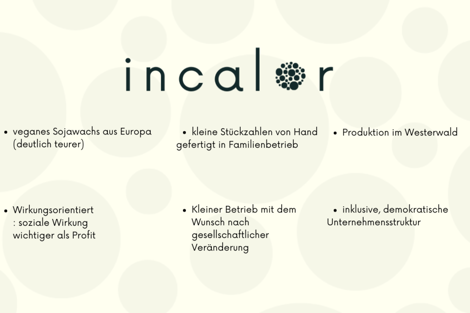 Informationsblatt auf cremefarbenem Hintergrund mit dezenten Kreismustern. Oben steht das Logo "incalor" in dunkler Schrift.
Darunter sind sechs Informationspunkte.
1.Spalte:
"veganes Sojawachs aus Europa (deutlich teurer)"
"Wirkungsorientiert: soziale Wirkung wichtiger als Profit"
2.Spalte:
"kleine Stückzahlen von Hand gefertigt in Familienbetrieb"
"Kleiner Betrieb mit dem Wunsch nach gesellschaftlicher Veränderung"
3. Spalte:
"Produktion im Westerwald"
"inklusive, demokratische Unternehmenskultur