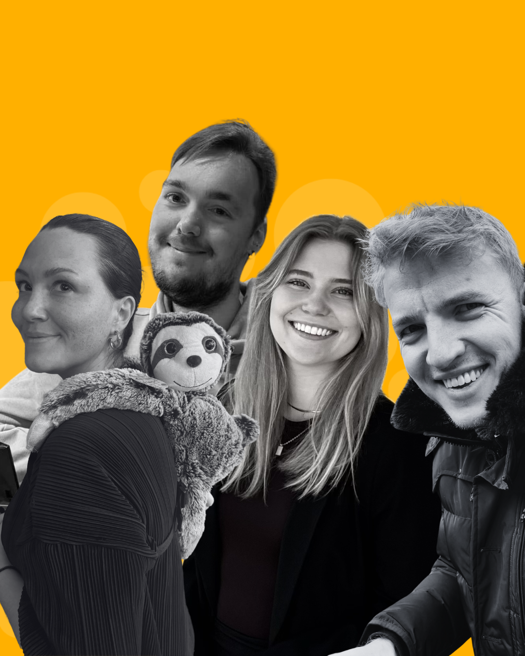 Vor einem gelben Hintergrund sind vier lächelnde Personen vom incalor Team in schwarz-weiß abgebildet.