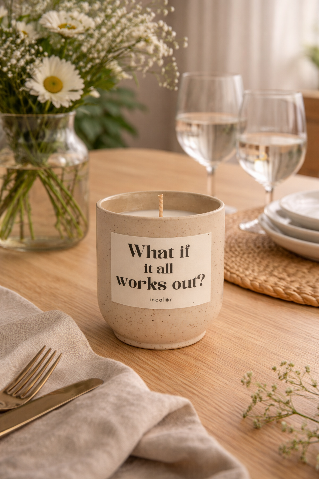 Beige (sahara) Kerze mit der Aufschrift ‚What if it all works out?‘ steht auf einem gedeckten Holztisch. Daneben befinden sich Weingläser, Teller, Besteck und eine Vase mit weißen Blumen, die eine ruhige, stilvolle Atmosphäre schaffen.
