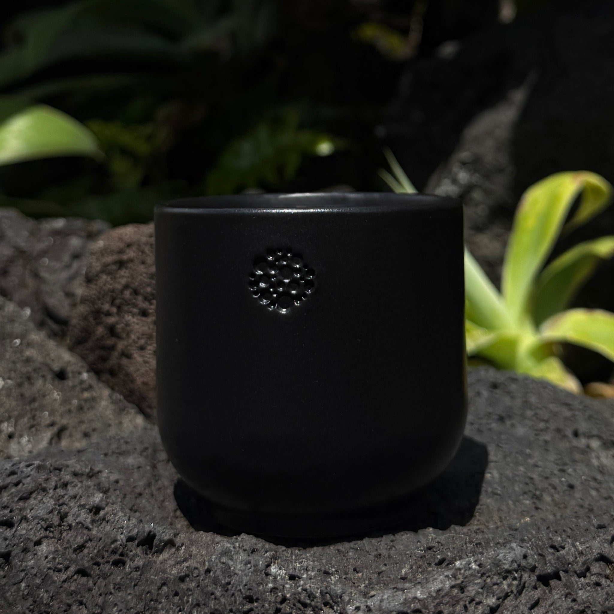 Dunkler Steinzeug-Keramikbecher in der Farbe Basalt, mit dezent eingestempeltem Incalor-Logo, stilvoll platziert auf dunklem Lavagestein; im Hintergrund natürliche grüne Pflanzen – modernes, naturverbundenes Design.