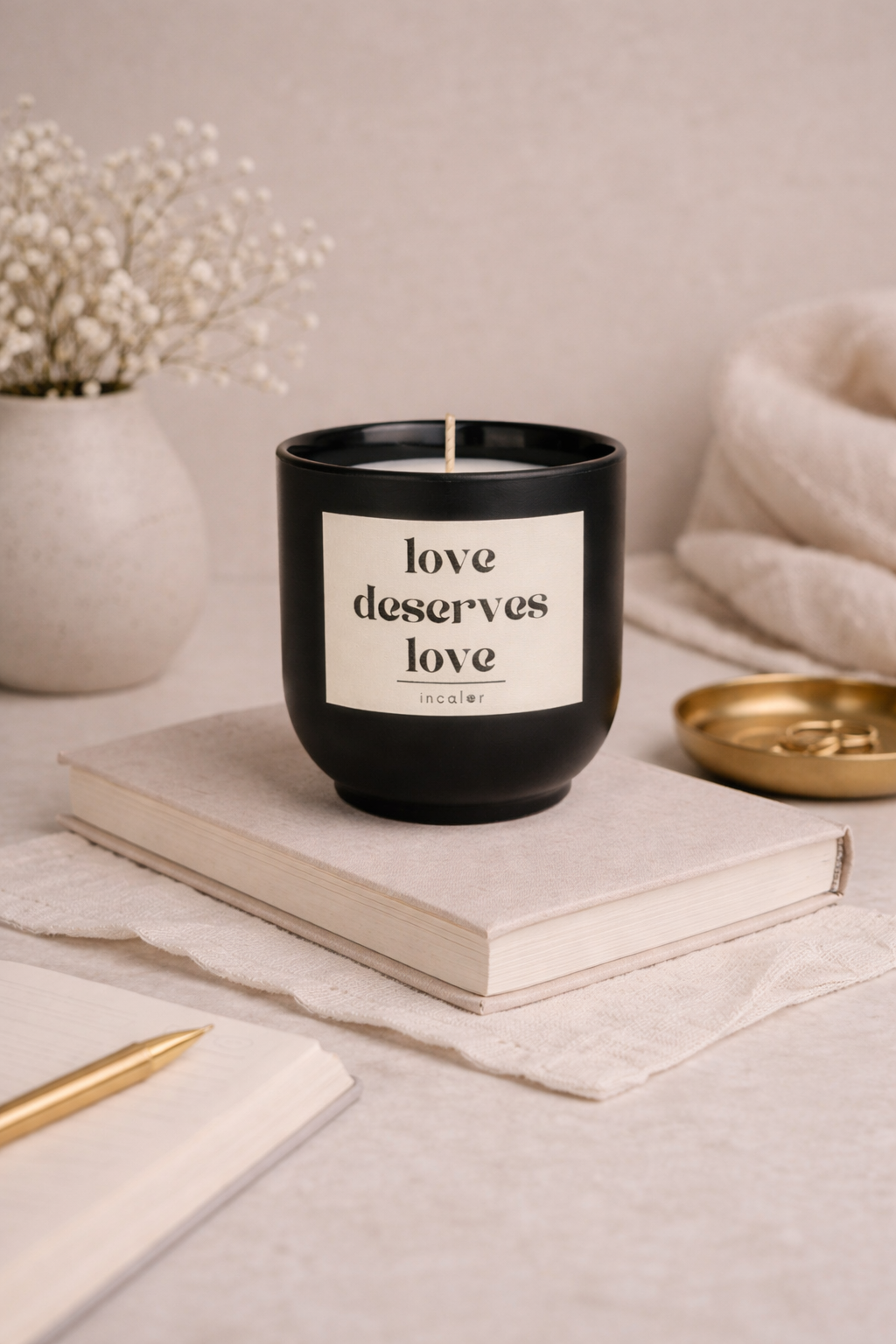 Schwarze (basalt) Duftkerze mit der Aufschrift ‚love deserves love‘ steht auf einem geschlossenen Buch. Daneben liegen ein Notizbuch mit Stift, eine kleine Schale mit Schmuck sowie eine Vase mit Trockenblumen – alles in einer ruhigen, warmen und minimalistischen Wohnatmosphäre.