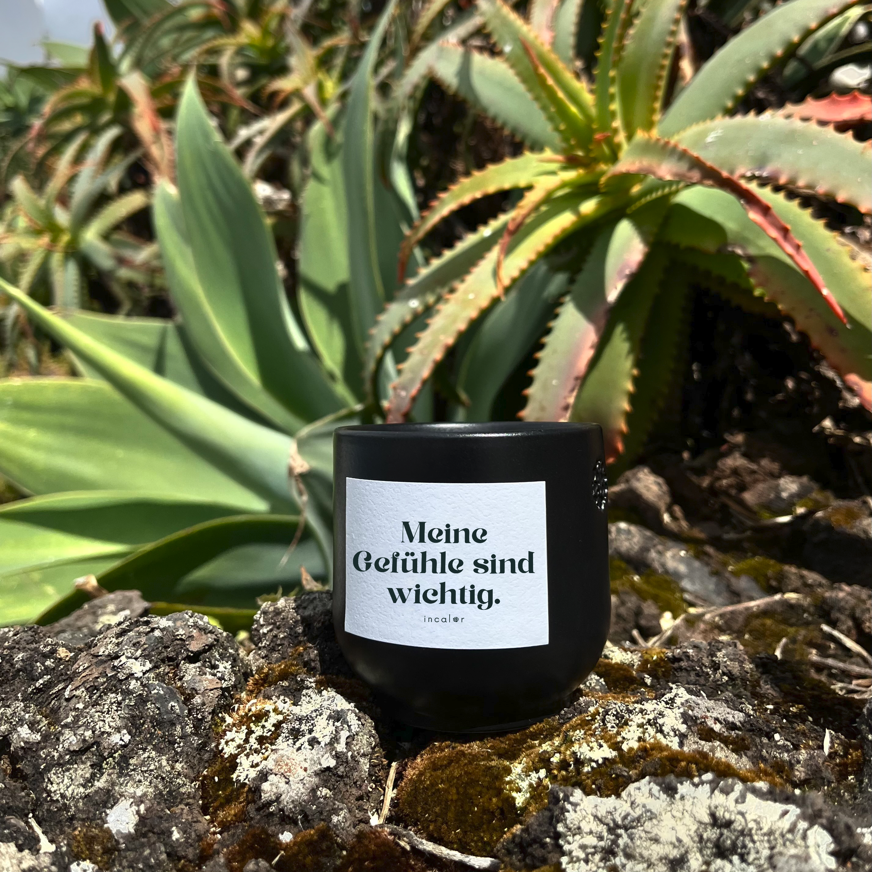 Kerze aus dunkler Keramik (Farbton basalt) mit Label der Affirmation "Meine Gefühle sind wichtig.", stilvoll platziert auf Naturstein mit grünen Pflanzen im Hintergrund – hochwertige Designkerze für modernes, minimalistisches Wohndesign.