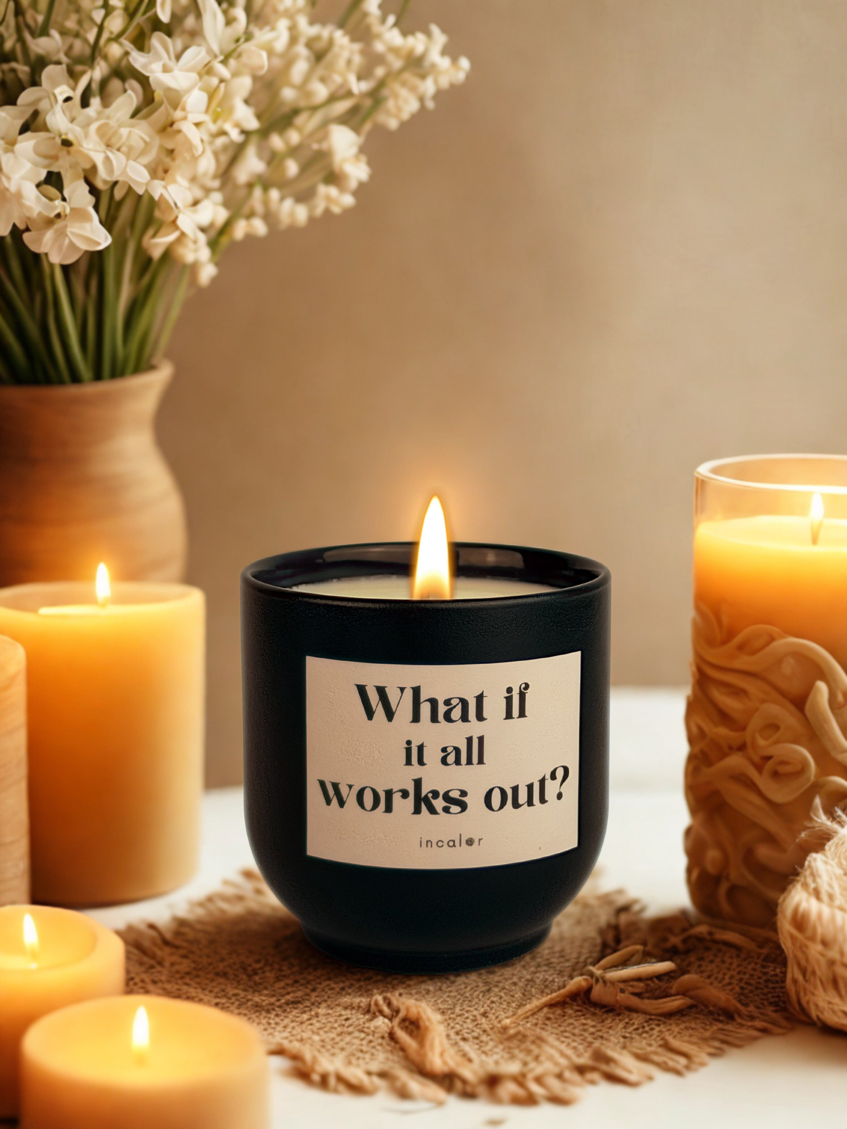 Dunkelgrüne (deep ivy) Duftkerze mit brennender Flamme steht auf einem beigefarbenen, strukturierten Untergrund. Auf dem Etikett steht „What if it all works out?“ mit dem Markennamen „incalor“ darunter. Umgeben ist die Kerze von mehreren warm leuchtenden Stumpenkerzen, einem Glas mit dekorativer Wachsschnitzerei und einem Strauß heller Blumen in einer Vase, was eine beruhigende und gemütliche Atmosphäre erzeugt.