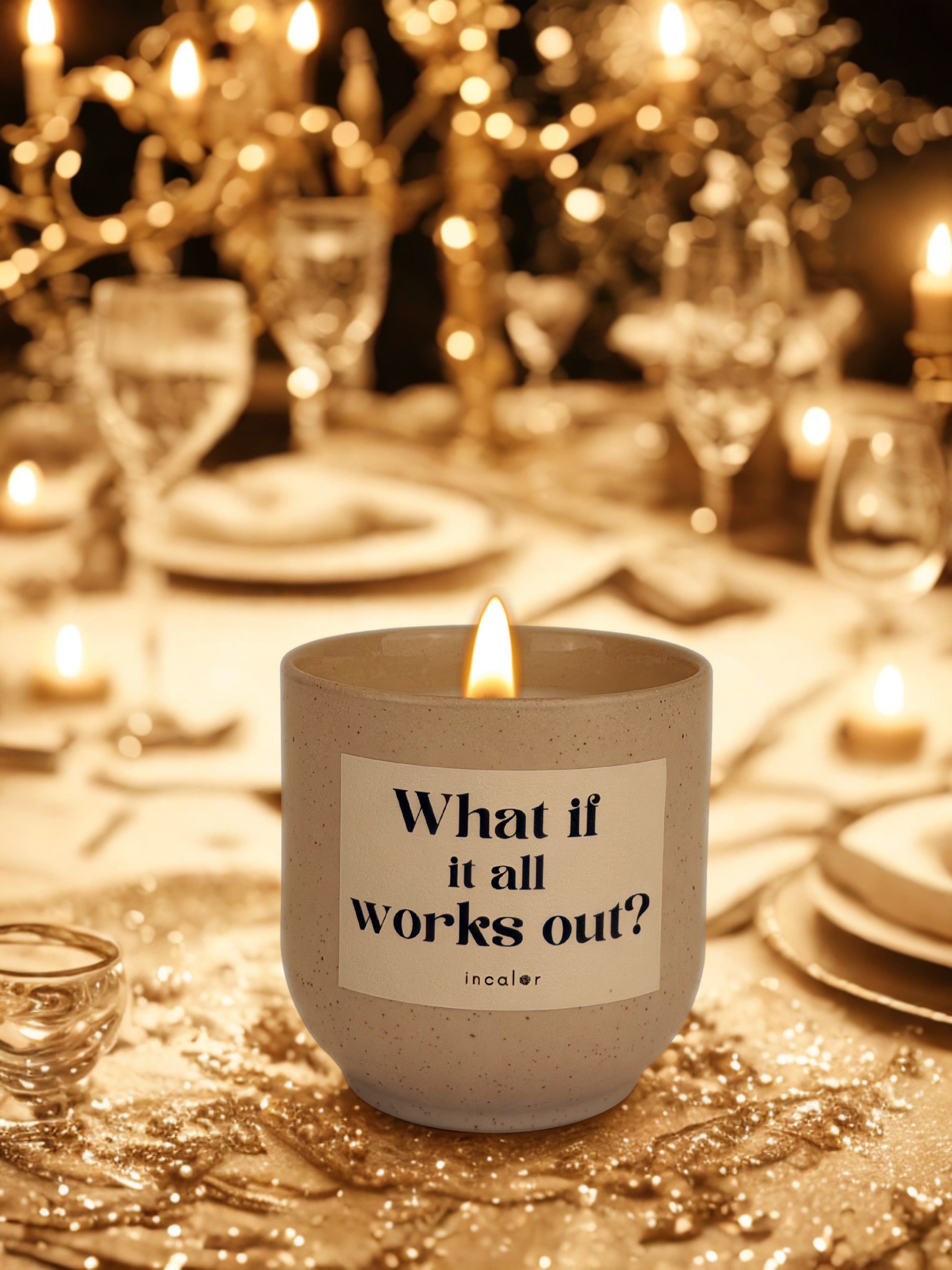 Beige (sahara) Duftkerze mit brennender Flamme steht auf einem festlich dekorierten Tisch voller goldenem Glitzer. Auf dem Etikett steht „What if it all works out?“ mit dem Markennamen „incalor“. Im Hintergrund sind unscharfe Gläser, Teller, Kerzen und goldene Dekorationen zu sehen, die eine luxuriöse und warme Atmosphäre erzeugen.